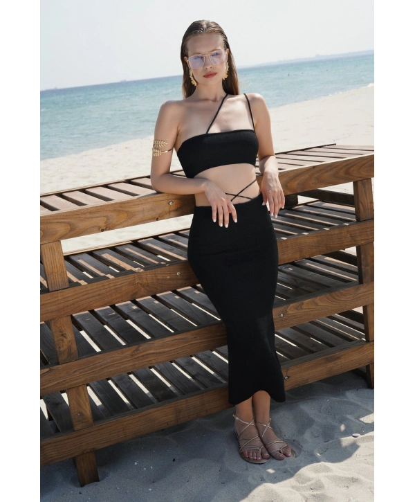 Morliva Askı Detay Straplez Dokulu Crop