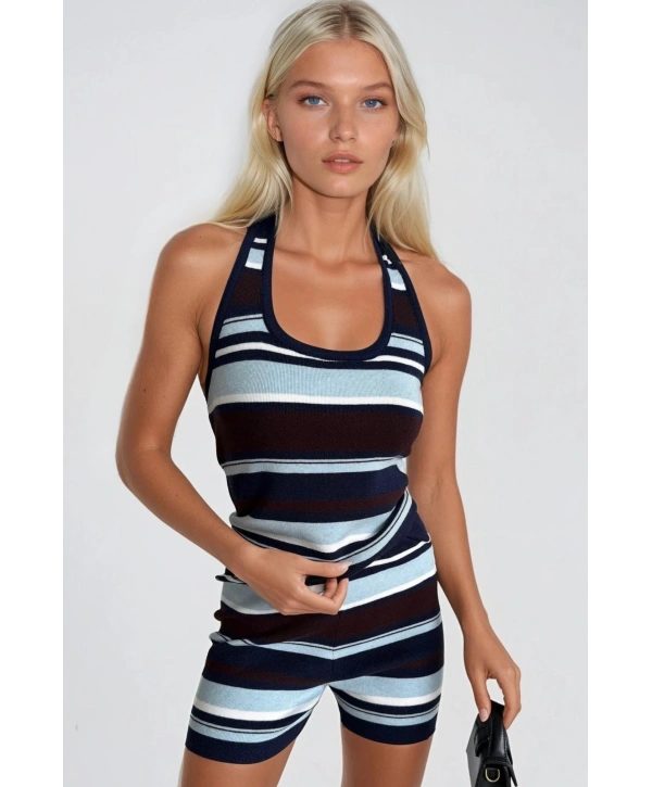 Morliva Askılı Çizgili Crop Bluz Bisikletçi Şort İkili Triko Takım