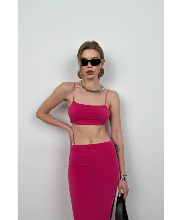 Morliva Askılı Crop Yırtmaçlı Etek Takım