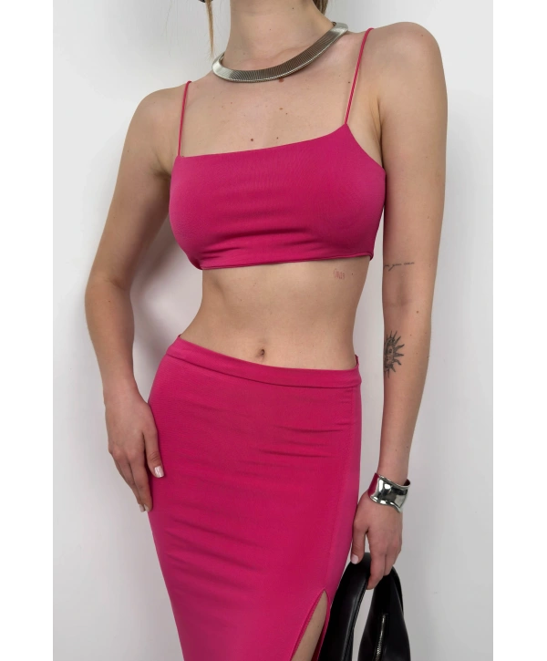 Morliva Askılı Crop Yırtmaçlı Etek Takım