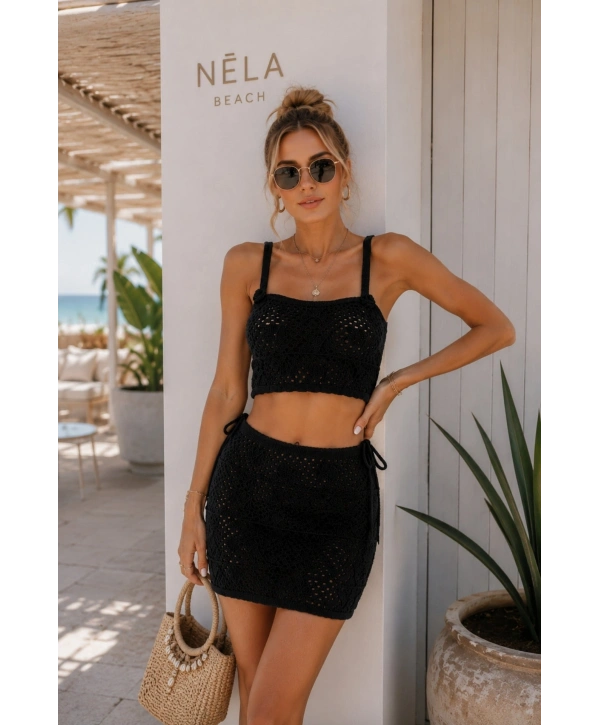 Morliva Askılı Örgü Desen Crop Bluz Mini Etek İkili Takım