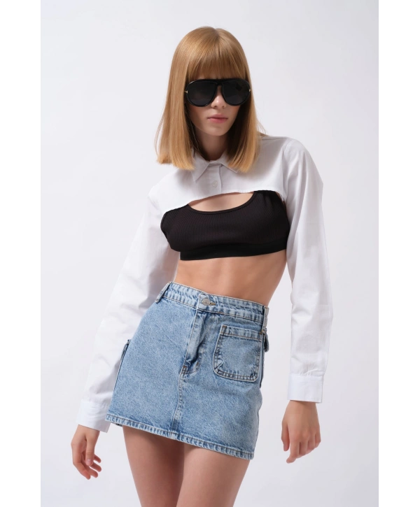 Morliva Cep Detay Denim Mini Etek