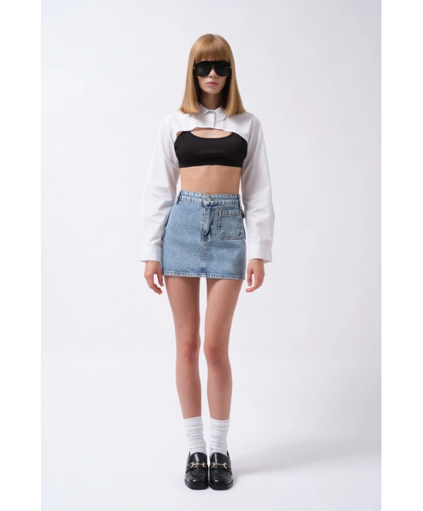 Morliva Cep Detay Denim Mini Etek