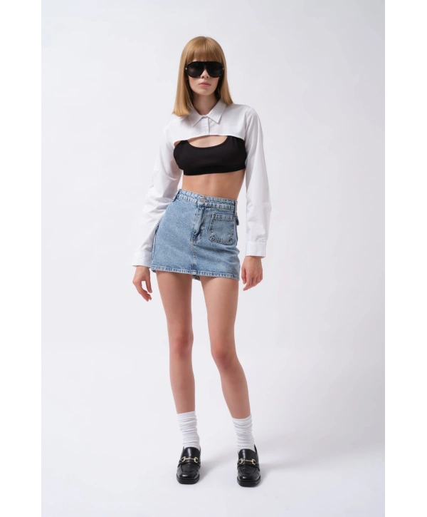 Morliva Cep Detay Denim Mini Etek