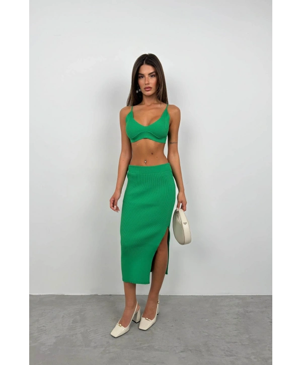 Morliva Crop Büstiyer Yırtmaçlı Etek Takım