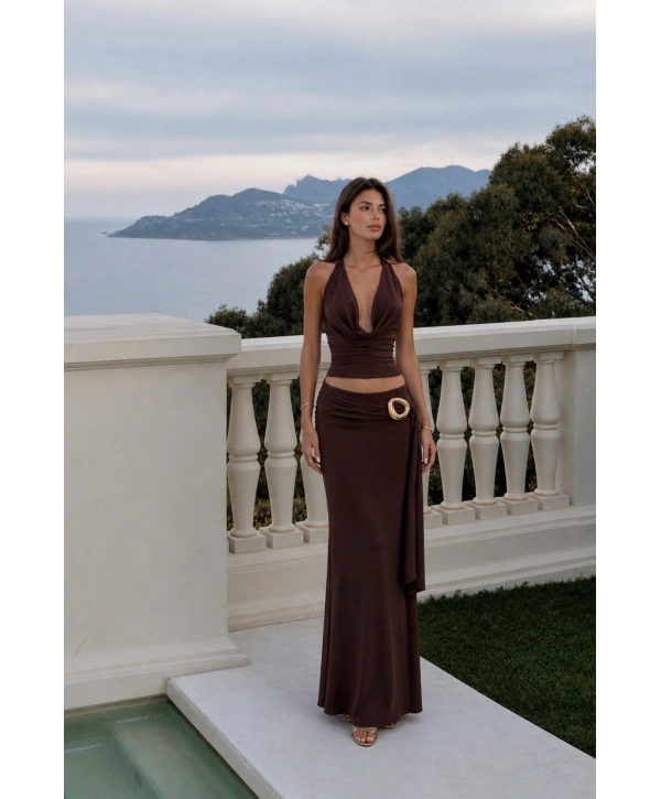 Morliva Degaje Yaka Bluz Aksesuar Detay Maxi Etek İkili Takım