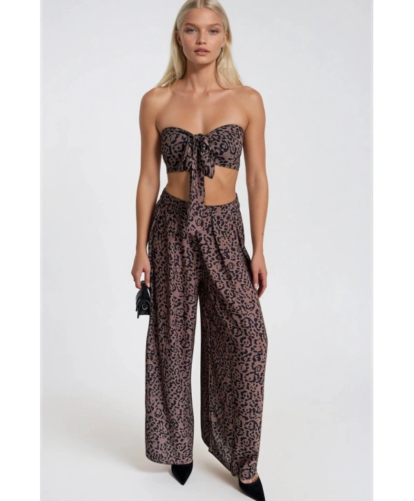 Morliva Desenli Crop Bluz Pantolon İkili Takım