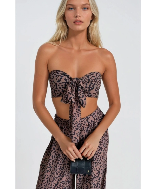 Morliva Desenli Crop Bluz Pantolon İkili Takım