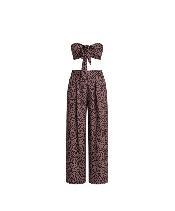 Morliva Desenli Crop Bluz Pantolon İkili Takım