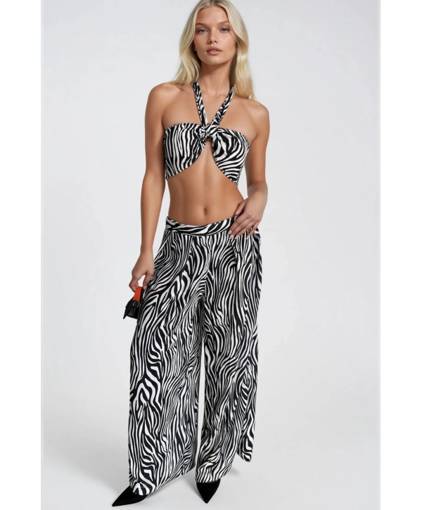 Morliva Desenli Crop Bluz Pantolon İkili Takım