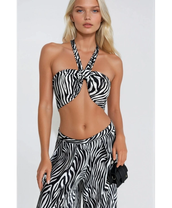 Morliva Desenli Crop Bluz Pantolon İkili Takım