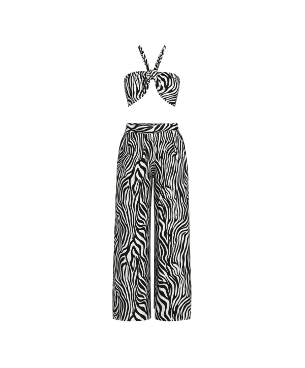 Morliva Desenli Crop Bluz Pantolon İkili Takım