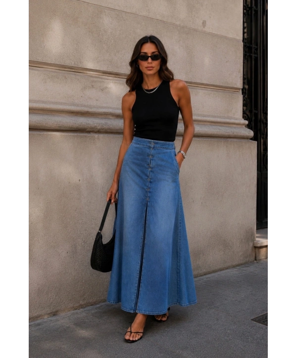 Morliva Dikiş Detay Yırtmaçlı Maxi Denim Etek