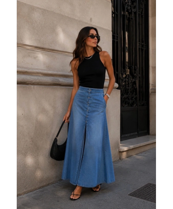 Morliva Dikiş Detay Yırtmaçlı Maxi Denim Etek
