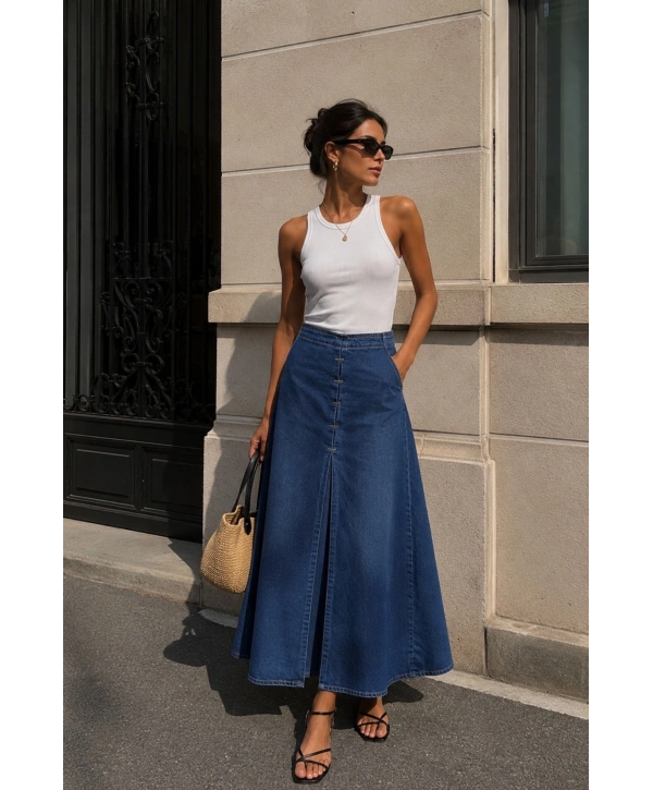 Morliva Dikiş Detay Yırtmaçlı Maxi Denim Etek