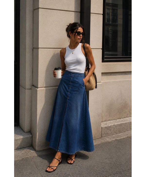 Morliva Dikiş Detay Yırtmaçlı Maxi Denim Etek