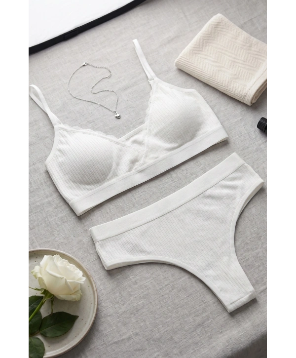 Morliva Kadın Ekru Çıkarılabilir Pedli Fitilli Dantelli Bralet Takımı