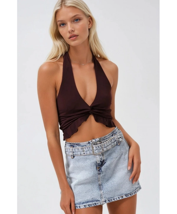 Morliva Kemer Detay Denim Mini Etek