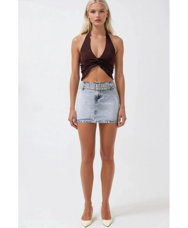 Morliva Kemer Detay Denim Mini Etek