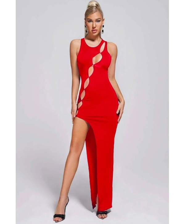 Morliva Kırmızı Dekolteli Yırtmaçlı Elbise