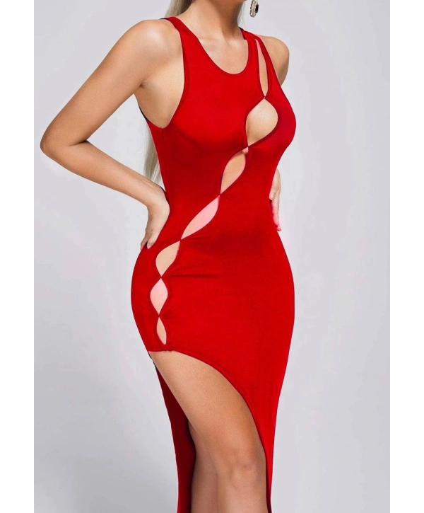 Morliva Kırmızı Dekolteli Yırtmaçlı Elbise