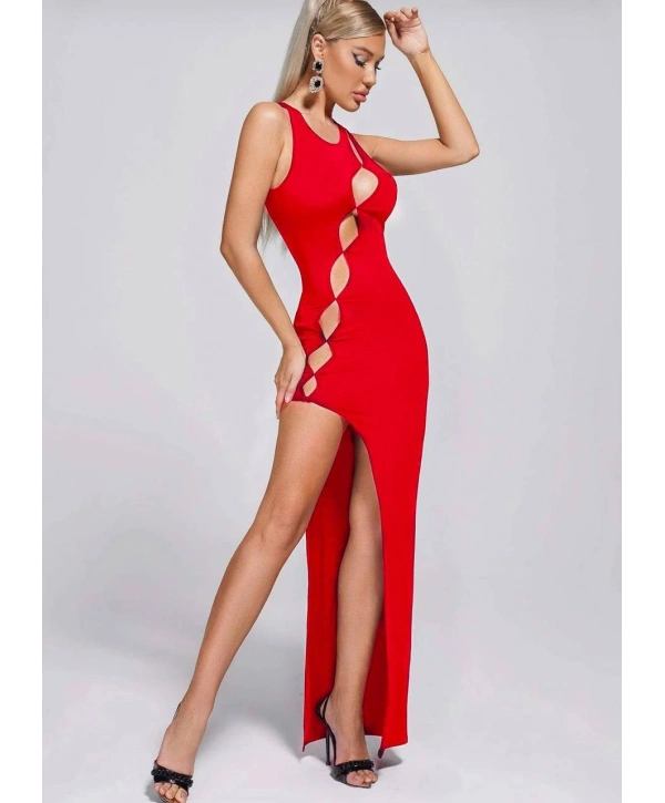 Morliva Kırmızı Dekolteli Yırtmaçlı Elbise