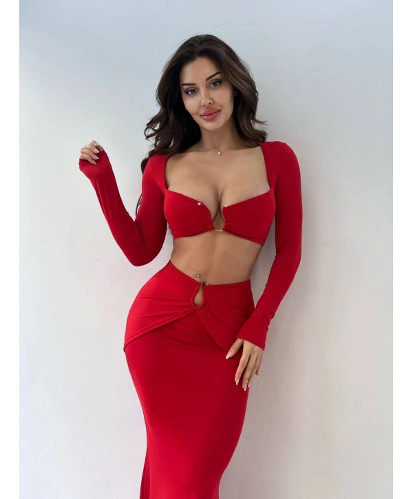 Morliva Kırmızı Micro Kumaş Toka Detaylı İkili Takım