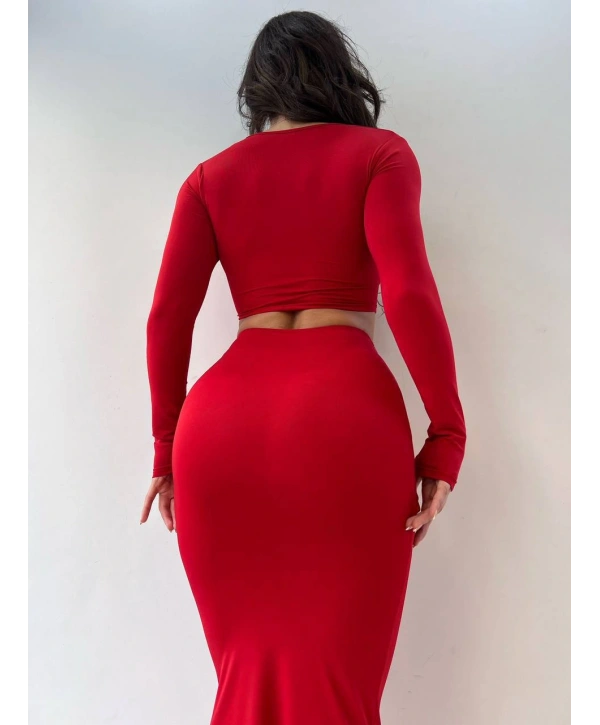 Morliva Kırmızı Micro Kumaş Toka Detaylı İkili Takım