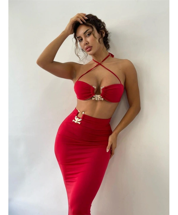 Morliva Kırmızı Toka Detaylı Midi Boy İkili Takım