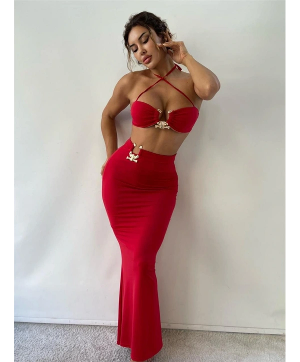 Morliva Kırmızı Toka Detaylı Midi Boy İkili Takım