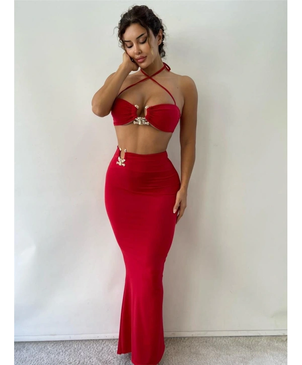 Morliva Kırmızı Toka Detaylı Midi Boy İkili Takım
