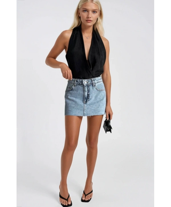 Morliva Lazer Kesim Denim Mini Etek