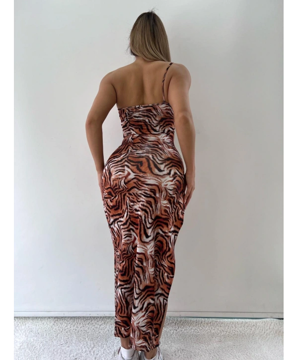 Morliva Leopar Desenli Ince Askılı Midi Elbise