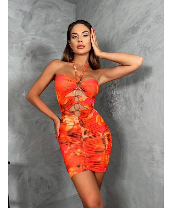 Morliva Micro kumaş desenli yırtmaçlı elbise