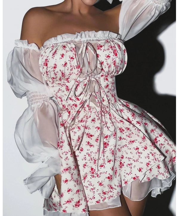  Morliva Organze Tül ve Mikro Kumaş Gipe ve Göz Detaylı Elbise