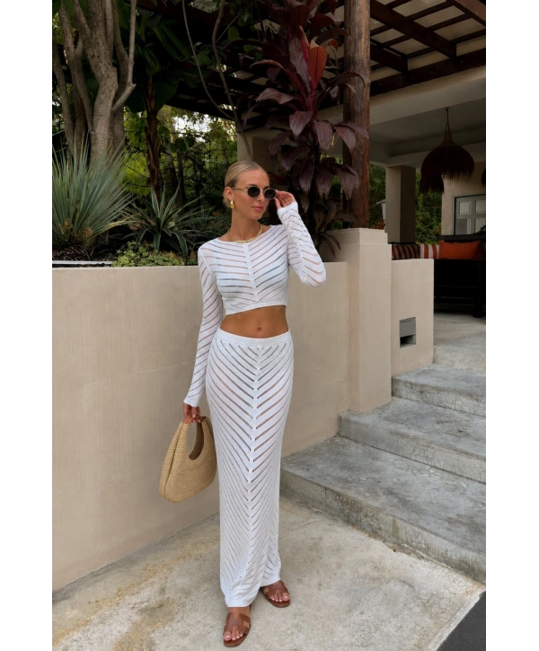 Morliva Örgü Desen Crop Bluz Maxi Etek İkili Triko Takım