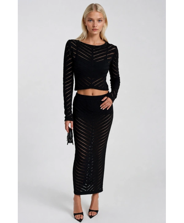 Morliva Örgü Desen Crop Bluz Maxi Etek İkili Triko Takım