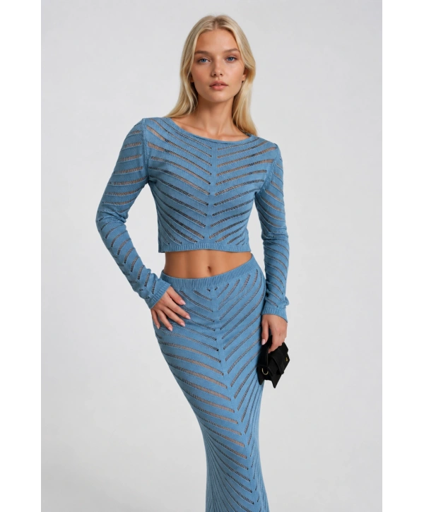 Morliva Örgü Desen Crop Bluz Maxi Etek İkili Triko Takım