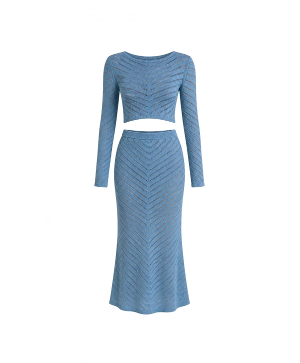 Morliva Örgü Desen Crop Bluz Maxi Etek İkili Triko Takım