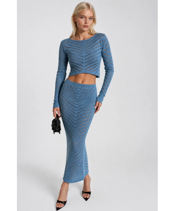 Morliva Örgü Desen Crop Bluz Maxi Etek İkili Triko Takım