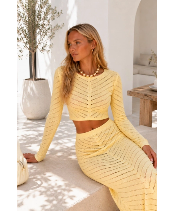 Morliva Örgü Desen Crop Bluz Maxi Etek İkili Triko Takım