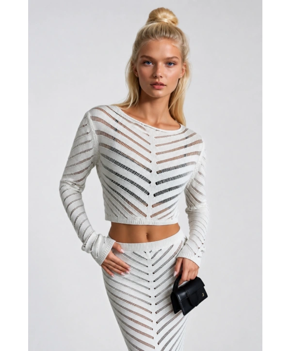 Morliva Örgü Desen Crop Bluz Maxi Etek İkili Triko Takım