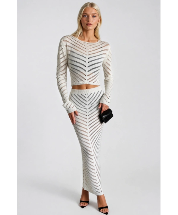Morliva Örgü Desen Crop Bluz Maxi Etek İkili Triko Takım
