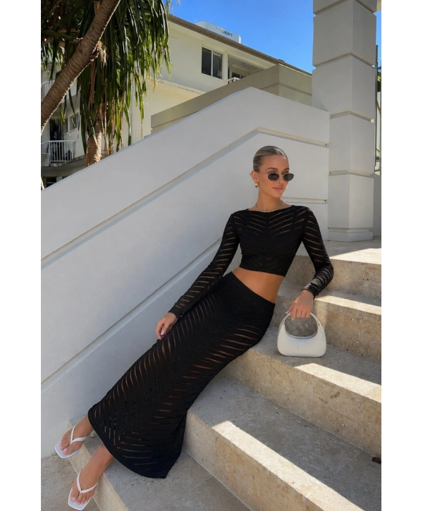 Morliva Örgü Desen Crop Bluz Maxi Etek İkili Triko Takım