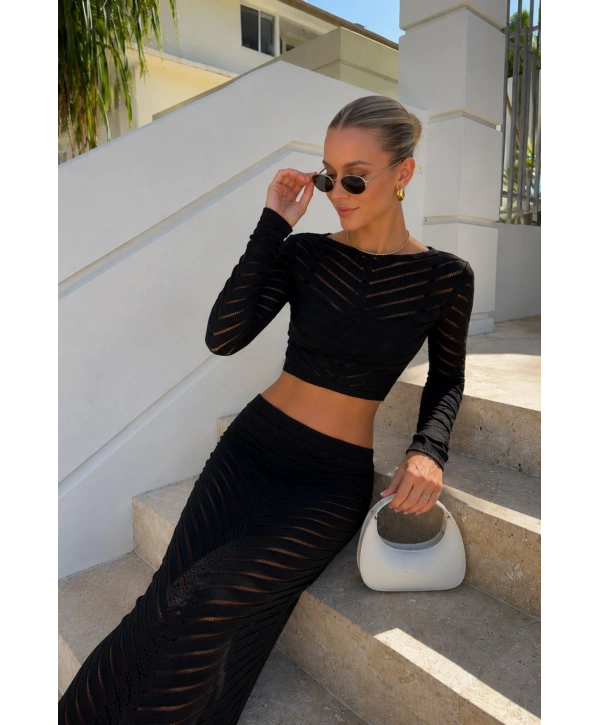 Morliva Örgü Desen Crop Bluz Maxi Etek İkili Triko Takım
