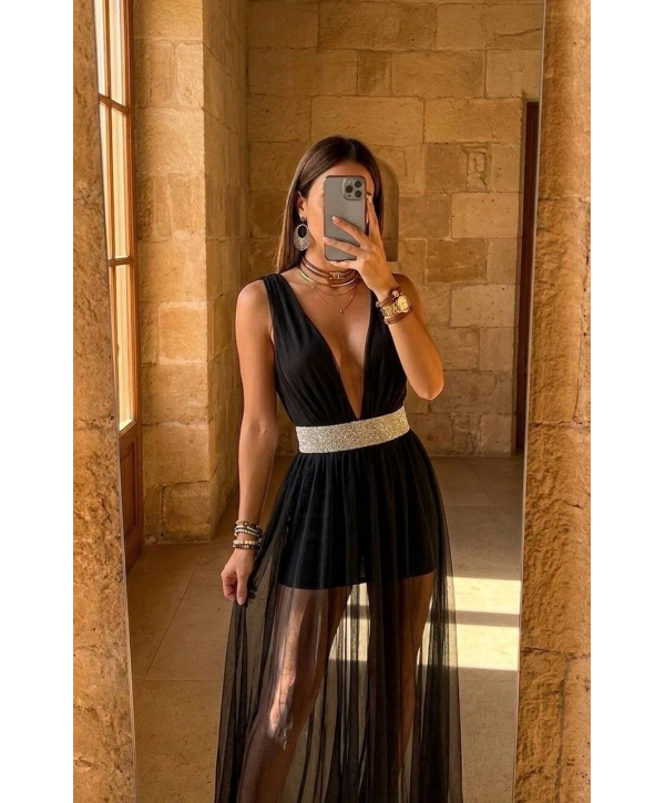 Morliva Parıltılı Kemer Detay Tulum Elbise 3176