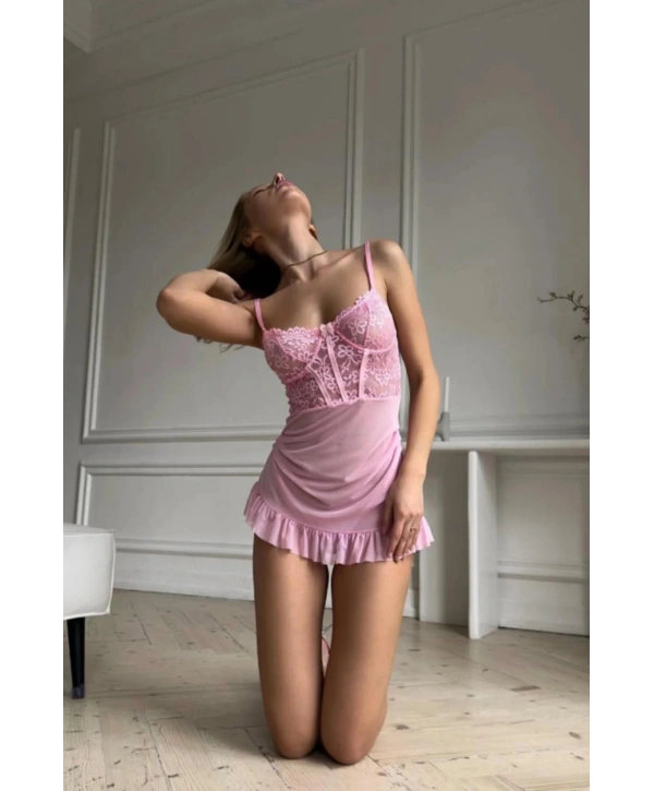 Morliva Pembe Balenli Tül Dantelli Gecelik TM1406