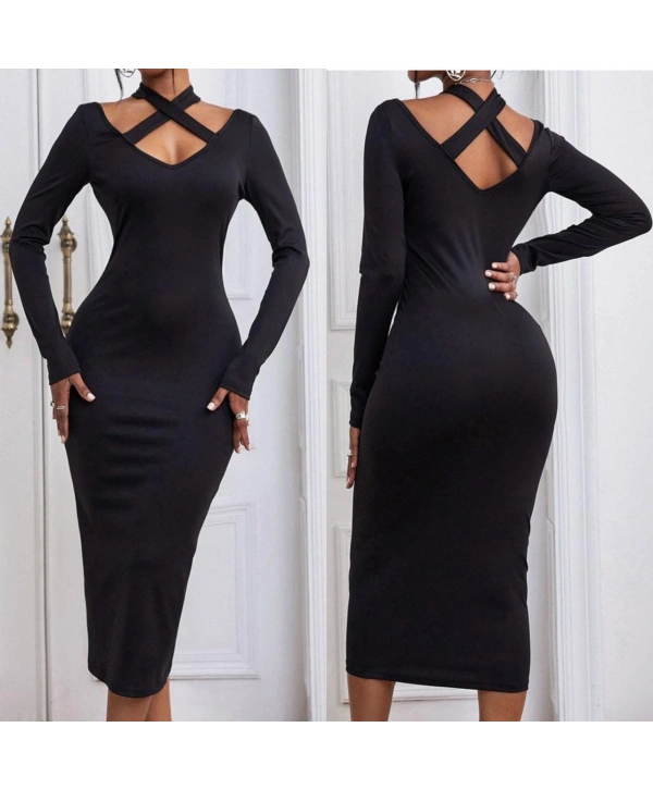 Morliva Sırt dekolte fırfırlı maxi boy elbise