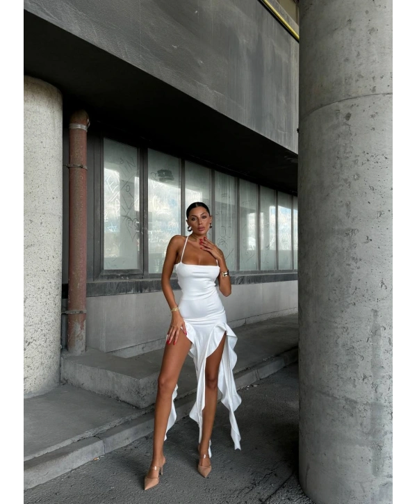 Morliva Sırt dekolte fırfırlı maxi boy elbise