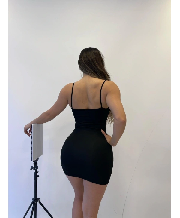 Morliva Siyah Dalgıç Kumaş Askılı Toka Detaylı Mini Elbise